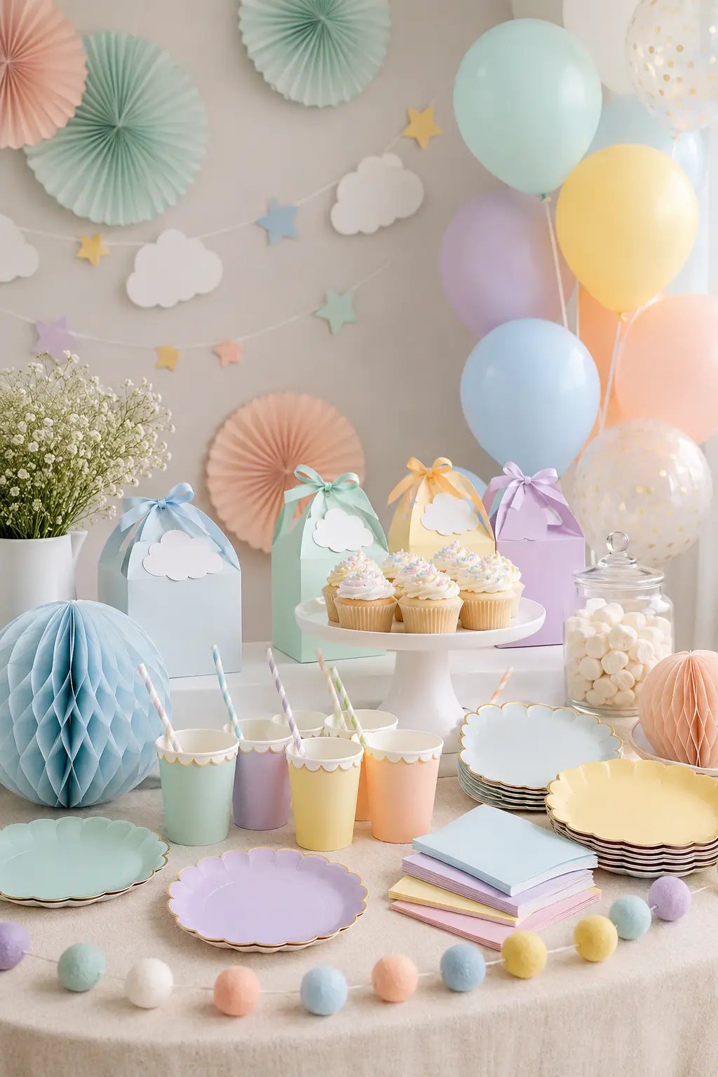 Baby shower decorations in soft pastel colors