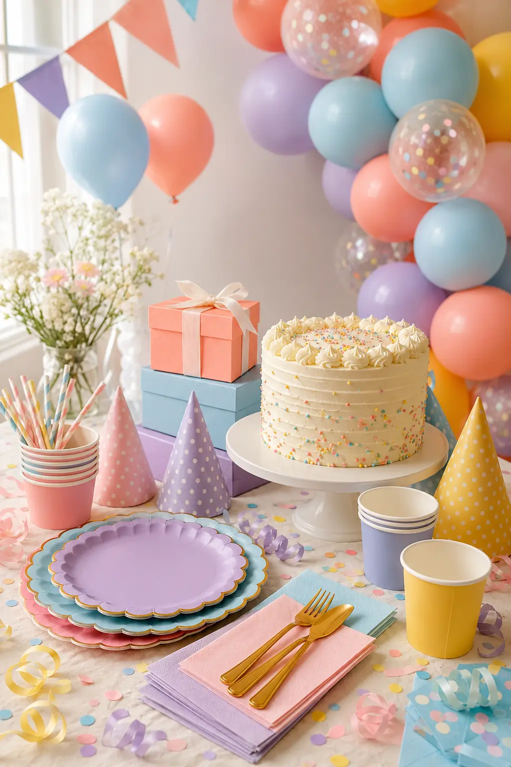 Colorful birthday party decorations and tableware